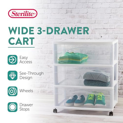 Sterilite Wide 3-Drawer Cart Storage with Wheels for Bedroom and Dresser | Organizing Plastic Drawers and Containers for Home, Office, Desk, Clothes, Dresser, Kitchen, and Pantry