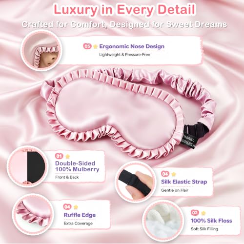 Kids Silk Sleep Mask, 22 Momme 100% Mulberry Silk Eye Mask for Sleeping with Storage Bag, Adjustable Strap Blackout Eye Cover, Cute Ruffle Soft No Pressure Eye Shade for Boys Girls Ages 5+ (Pink)