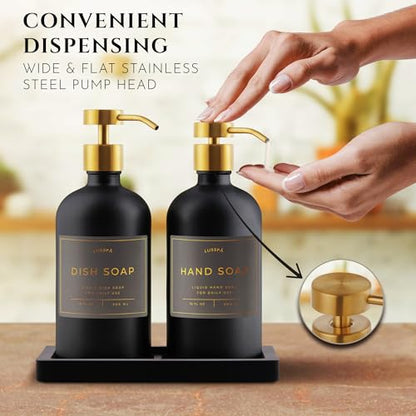 Glass Soap Dispenser Set of 2 (Black) with Silicone Tray | Hand and Dish Soap Dispenser for Kitchen and Bathroom | 16.8 Oz Glass Bottles with Stainless Steel Pump & 15 Waterproof Labels (Black/Gold)