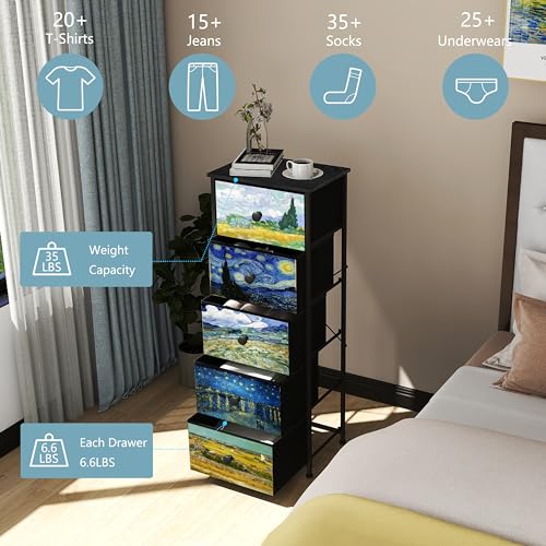 Dresser with 5 Drawers Narrow Tall Nightstand Van Gogh Dresser for Bedroom Fabric Drawer Organizer Unit for Living Room Entryway Hallway Closet Sturdy Steel Frame Wooden Top