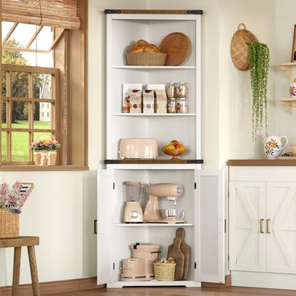 Farmhouse Corner Cabinet, 70" H Tall Corner Hutch with 5 Shelves & 2 Barn Doors, Bathroom Cabinet with Adjustable Shelf, for Living Room, Kitchen, Bathroom, White