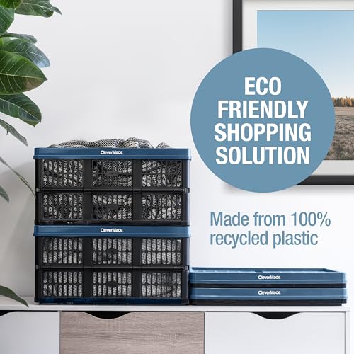 CleverMade Collapsible Utility Crate (100% Recycled) - 45L - Obsidian | Create Stackable Order for Groceries, Tools, and Gear | Each Crate Holds 66 lb, Folds Under 3 Inches, and Carries Easily