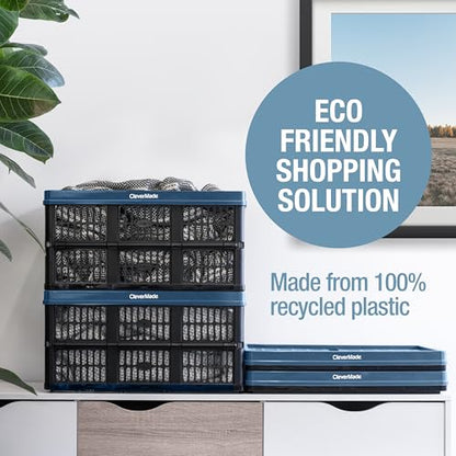 CleverMade Collapsible Utility Crate (100% Recycled) - 45L - Obsidian | Create Stackable Order for Groceries, Tools, and Gear | Each Crate Holds 66 lb, Folds Under 3 Inches, and Carries Easily