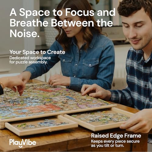PlayVibe 1000 Piece Puzzle Board with Drawers & Cover - Wooden Tray | Portable wood jigsaw tray - 4 drawers - protective cover - sturdy - Use for family game night, travel & gifts