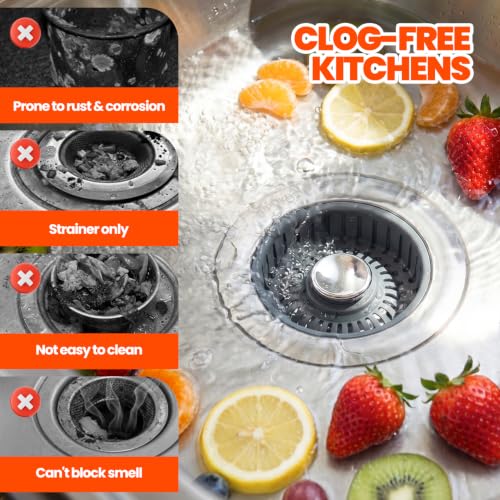 3 in 1 Kitchen Sink Drain Strainer Stopper Basket Pop Up Silver | Kitchen Sink Accessories Strainer Basket 2 Pack Silver,Stainless Steel Anti-Clog Catcher, Odor-Blocking Seal Fits 3.5" Drain