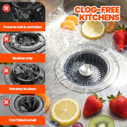 3 in 1 Kitchen Sink Drain Strainer Stopper Basket Pop Up Silver | Kitchen Sink Accessories Strainer Basket 2 Pack Silver,Stainless Steel Anti-Clog Catcher, Odor-Blocking Seal Fits 3.5" Drain