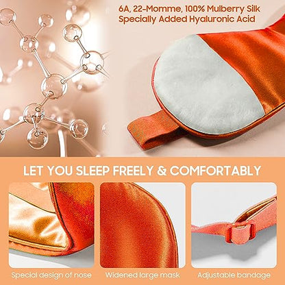 Sleep Mask, 100% Mulberry Silk, Vitality Orange | 6A Mulberry Silk, lightweight breathable, hyaluronic acid infused, full light blocking, adjustable strap, luxury gift set