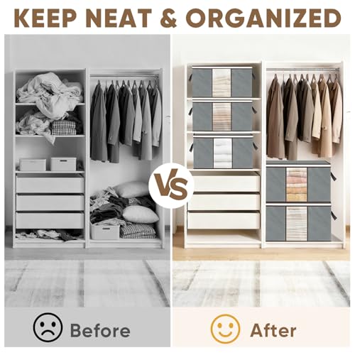 BALEINE 6 Pack Clothes Storage Bags, 16 Gallon Storage Containers with Reinforced Handle, Sturdy Zipper, Closet Organizer for Blanket, Comforter, Pillow, Bedding (Grey, 6 Pack)