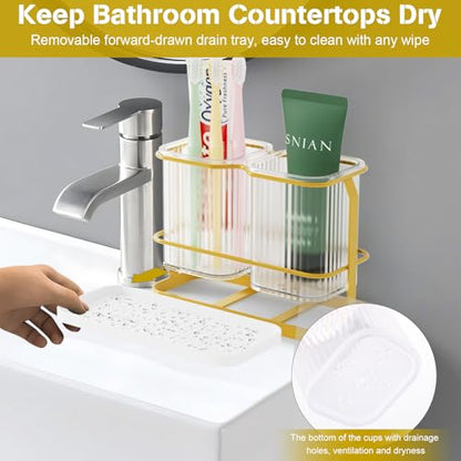 Gold Toothbrush Holders for Bathrooms, 2 Cups Toothbrush Holders Wall Mounted, Dry & Wet Separation, Bathroom Organizer and Storage - Bathroom Toothbrush Holder Set for Family Kids