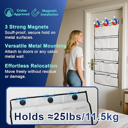 Magnetic Cruise Door Organizer – 13-Pocket Hanging Storage with 2 Large Shoe Pockets, No Hook Needed, Includes 3 Bonus Hooks, 2025 2026 Cruise Ship Essentials for Cabin, Bathroom, or Closet Use