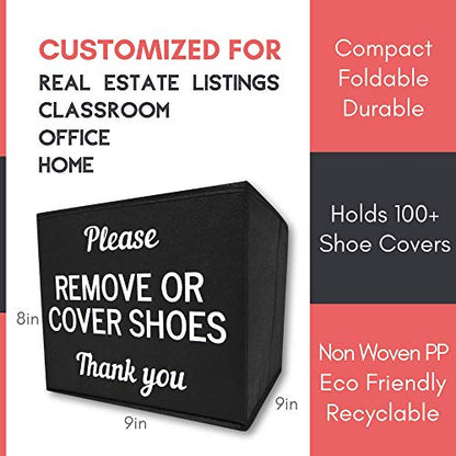 Shoe Cover Box | Disposable Shoe Bootie Holder For Realtor Listings and Open Houses | Please Cover or Remove Shoes Bin | Shoe Bootie Box (Black)