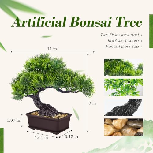 Der Rose 2Pcs Paired Fake Bonsai Tree Set Fake Plants for Shelf Desk Decor | 8" artificial bonsai tree set with varied canopies and pebble bases; paired display adds balance to home japanese asian decor