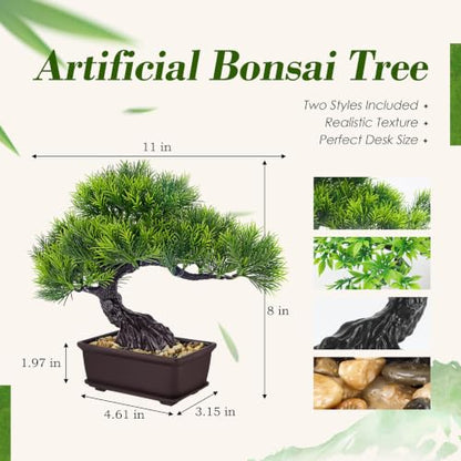 Der Rose 2Pcs Paired Fake Bonsai Tree Set Fake Plants for Shelf Desk Decor | 8" artificial bonsai tree set with varied canopies and pebble bases; paired display adds balance to home japanese asian decor