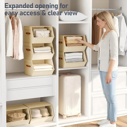 Stackable Closet Organizers and Storage Bins, Open Front Closet Shelf Organizer System With Steel Frame, Clothes Storage Basket Fabric, Collapsible Closet Drawers for Wardrobe, Nursery ,Toy, 4 Pack