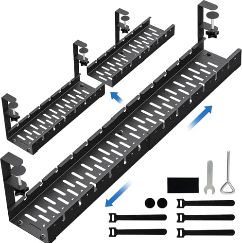 No Drilling Extendable Under Desk Cable Management, Metal Cable Management Tray Under Desk with Clamp, Retractable Power Strip Cord Holder for Wire Management 31Inch(1 Pack Black Extendable 31')