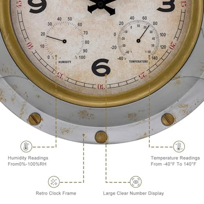 18 Inch Large Outdoor Wall Clock, Thermometer Hygrometer | Waterproof design, silent lightweight build, large easy-read numbers, vintage style for patio, garden, porch, pool, farmhouse