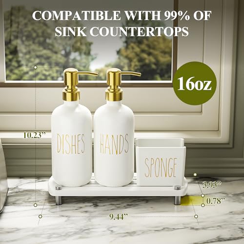 Kitchen Soap Dispenser Set Comes with Ceramics Sponge Holder, Gold Pumps, and Instant Dry Tray, Hand and Dish Soap Dispenser Set, Kitchen Decor and Accessories for Countertop Organizer