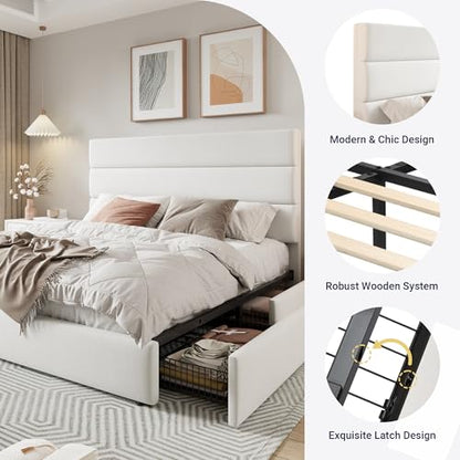 Allewie Modern Queen Size Platform Bed Frame with 4 Storage Drawers | Velvet Upholstered Headboard, Wooden Slats Support, Upholstered Mattress Foundation/No Box Spring Needed/Easy Assembly, White