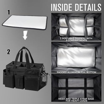 SCAVATA Wearable Cleaning Caddy Organizer with Handle & Shoulder Straps for Housekeepers, Under Sink & Car Cleaning Tool Organizer Bag with 4 Foldable Dividers (Black)