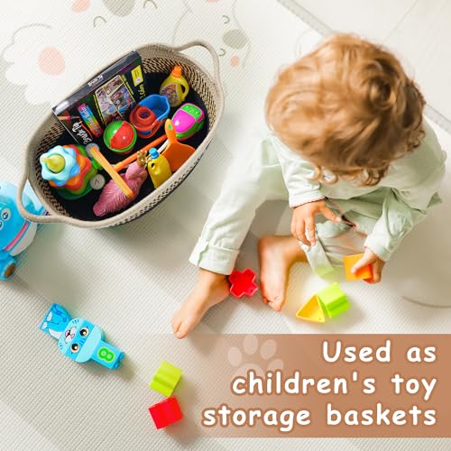Small Woven Baskets for Organizing Rope Storage Basket with Handle Cute Cotton Nursery Gift Dog Toy Bins Organizer-Light Beige