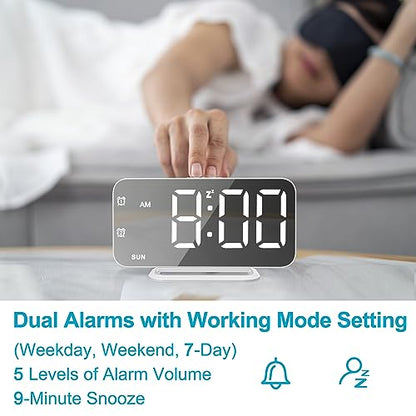 Slim LED Digital Alarm Clock, Mirror Surface for Makeup, with Diming, Large Display, Easy Setting, USB Charger Ports, Modern Bedroom, Desk, Office Living Room Decor, Christmas Birthday for Women Girl