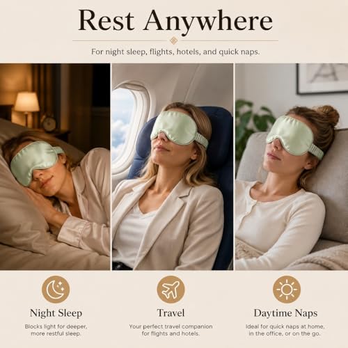 Silmer 100% Mulberry Silk Sleep Mask, 22 Momme 6A Silk Eye Mask for Sleeping, Soft Light Blocking Eye Cover with Silk Filling, Gift Box, Travel & Nap Sleep Mask for Women and Men (Green)