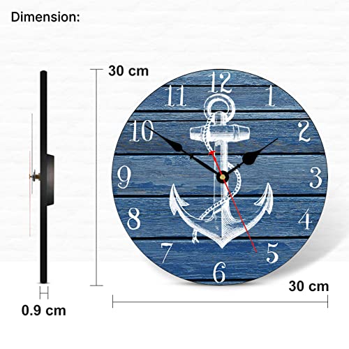 TAHEAT Nautical Anchor Beach Wall Clock, Navy Blue Bathroom Accessories and Decor, Decorative Battery Operated Vintage Clocks for Living Room/Kitchen/Home/Lake House, 12 Inch