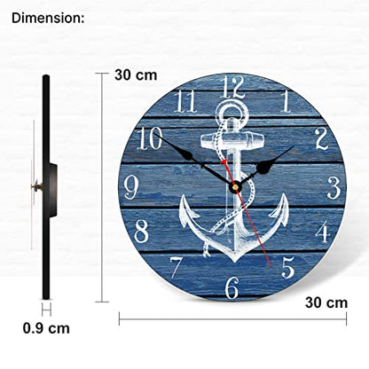 TAHEAT Nautical Anchor Beach Wall Clock, Navy Blue Bathroom Accessories and Decor, Decorative Battery Operated Vintage Clocks for Living Room/Kitchen/Home/Lake House, 12 Inch