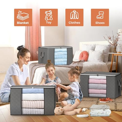 90L Large Storage Bags, 6 Pack Clothes Storage Bins Closet Organizers | Foldable Storage Containers, with Reinforced Handle, for Clothing, Blanket, Comforters, Bed Sheets, Pillows and Toys,Gray