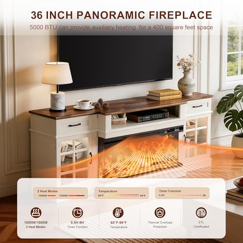 70" Fireplace TV Stand, 3-Sided Glass Fireplace and Modern Entertainment Center, Wooden Media Console with Glass Doors & Storage Drawers, LED Light, for Living Room, Antique White
