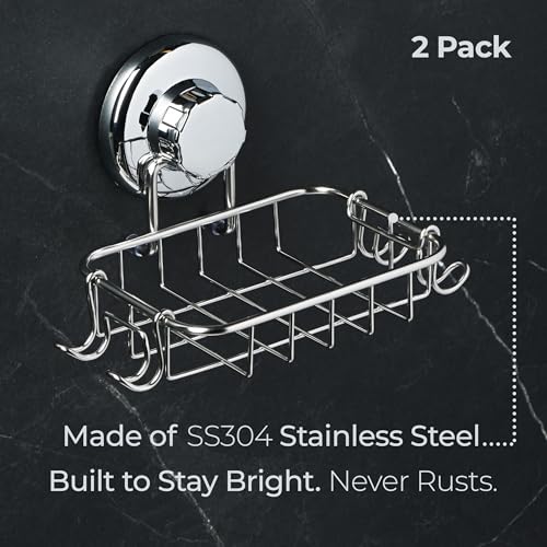 HASKO 2-Pack Suction Cup Soap Holder – Bar Soap Dish for Shower with Hooks for Bathroom – Optional Mounting with Adhesive Tape or Glue – Includes 2 Soap Savers – Stainless Steel SS304 - Silver