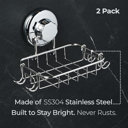 HASKO 2-Pack Suction Cup Soap Holder – Bar Soap Dish for Shower with Hooks for Bathroom – Optional Mounting with Adhesive Tape or Glue – Includes 2 Soap Savers – Stainless Steel SS304 - Silver