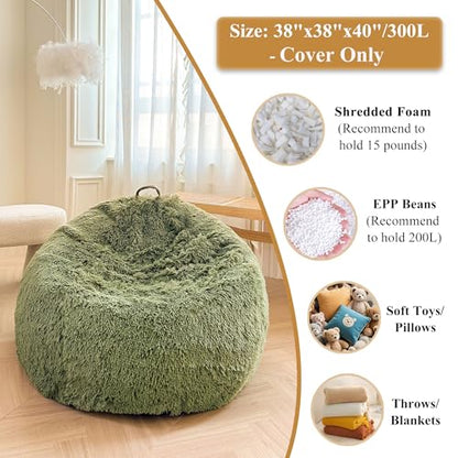 XeGe Comfy Bean Bag Cover(No Filler), Fluffy Stuffed Animal Storage Bean Bag Chair Cover for Bedroom Home Decor, Furry Fuzzy Bean Bag Cover for Adults Teens Kids, 100% Polyester, Anti-slip, Sage Green