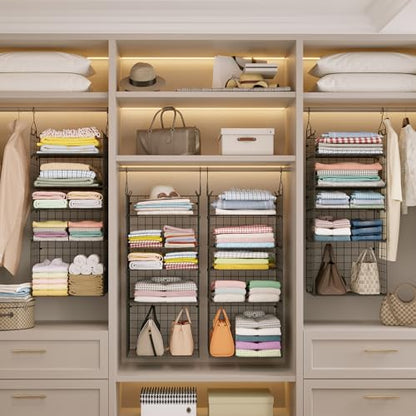 X-cosrack Closet Hanging Organizer Shelves - 5 Tier Wardrobe Organizers and Storage Bin, Hanging Organizer Shelves, Clothes Shelf with Adjustable Dividers for Bedroom Closet Sweater Shoes Handbag