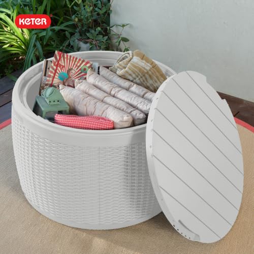 Keter Circa 37 Gallon Resin Deck Box Stool, All-Weather Outdoor Storage Seat with Rattan-Look Finish, Durable Patio Storage Bench for Cushions, Garden Tools, Pool Accessories