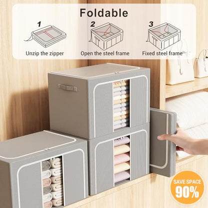 Clothes Storage Bins with Metal Frame Foldable Storage Box Clothes Organizers Storage Containers for Clothes Sheets Blankets Books Toys Gifts and Holiday Decorations (66Lx3 Pack)