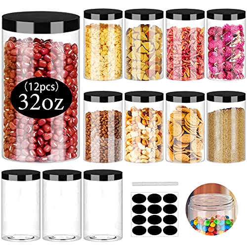 SLifeJars Clear Plastic Jars 32oz 12Pack Big Round PET Plastic Containers with Black Screw On Lids Reusable Empty Storage Jars with Lid Clear Containers for Household and Kitchen Organizing