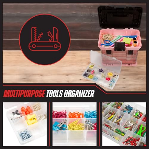 Stalwart Portable Tool Box for Women or Men, Pink, 10 x 7 x 10.5in | Small Parts Organizer with Drawers and Customizable Compartments for Hardware, Fishing Tackle Box, Beads or Crafting Supplies