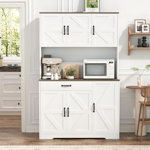 GRUSIGN 71" Pantry Cabinet with Charging Station, Large Capacity Kitchen Hutch Storage Cabinet, Kitchen Cabinet with Microwave Stand, Storage Drawers & Adjustable Shelves for Dining Room, White