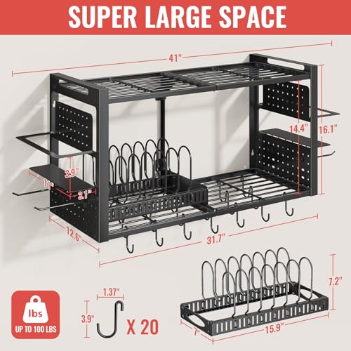 31 Inch Pot Rack Wall Mounted，3 in 1 Pots and Pans Organizer with 2 tier Kitchen Racks & Pot Lid Organizer Holder and 20 Hooks,Heavy Duty Hanging Pot Hanger for Kitchen Cookware, Utensils, Black