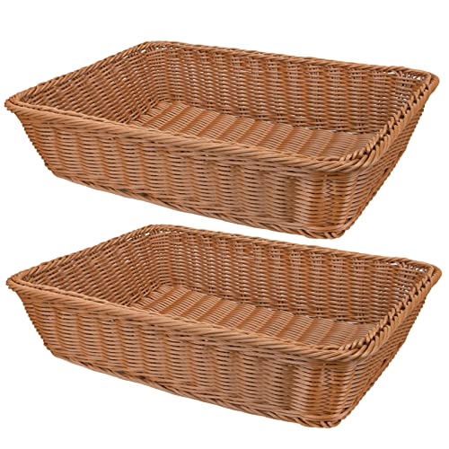 2 Pack Woven Bread Basket, Plastic Wicker Fruit Baskets 15.7 x 11.4 Inch, Imitation Rattan Food Serving Trays for Vegetables, Kitchen, Restaurant, Outdoor, Brown