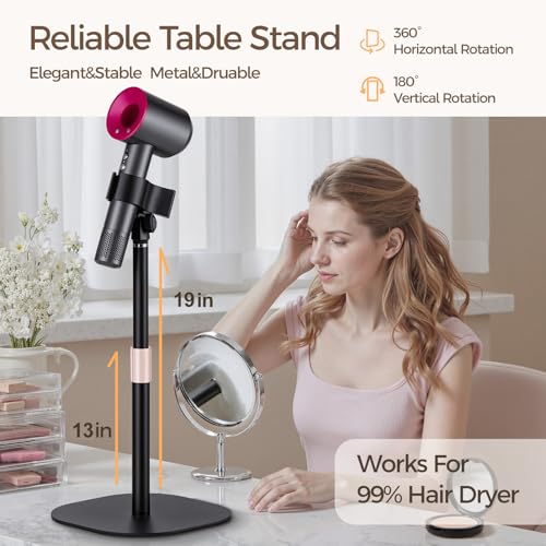 Hair Dryer Stand Holder-19 inch Ultra Stable Countertop Blow Dryer Stand | Enlarged Base Pedestal, Hands Free Blow Dryer Stand, 360 Degree Rotating, Height Adjustable, Works for 99% Blow Dryer