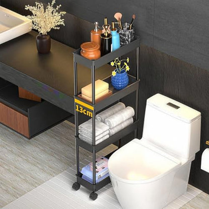 Sooyee 4 Tier Slim Storage Cart, Black | Rolling, Narrow Shelf, Mobile Shelving Unit Organizer, For Kitchen, Bathroom, Laundry Room