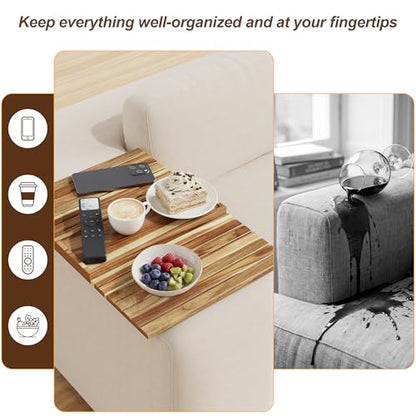 ZUJJAFY Sofa Arm Tray, Acacia Wood Folding Couch Armrest Table, Anti-Falling Armrest Tables Cup Holder for Snacks, Drinks, Beers, Phone, Control, Flexible and Portable, Anti-Slip Bottom