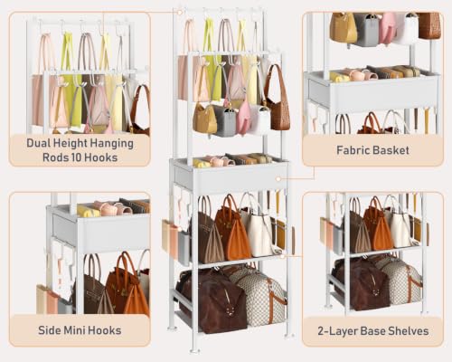 DIMJ Purse Organizer for Closet - Floor-standing Handbag Organizer Rack with 16 Hooks, Purse Storage Shelf Stand for Handbags, Totes, Wallets, Scarves, Bedroom Entryway and Walk-in Closet, White