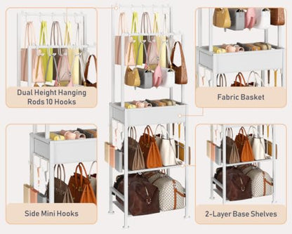 DIMJ Purse Organizer for Closet - Floor-standing Handbag Organizer Rack with 16 Hooks, Purse Storage Shelf Stand for Handbags, Totes, Wallets, Scarves, Bedroom Entryway and Walk-in Closet, White
