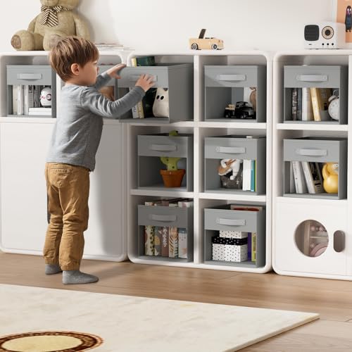 DIMJ Storage Cubes, 11x 11 inch Cube Storage Bin, 6 Pack Closet organizers and storage Bins with Window, Collapsible Baskets with Handle for Shelves, Clothes, Toys, Books (Grey)