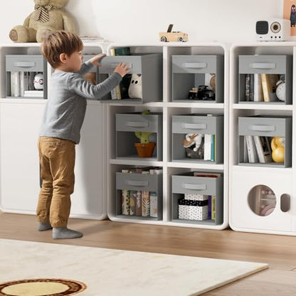 DIMJ Storage Cubes, 11x 11 inch Cube Storage Bin, 6 Pack Closet organizers and storage Bins with Window, Collapsible Baskets with Handle for Shelves, Clothes, Toys, Books (Grey)