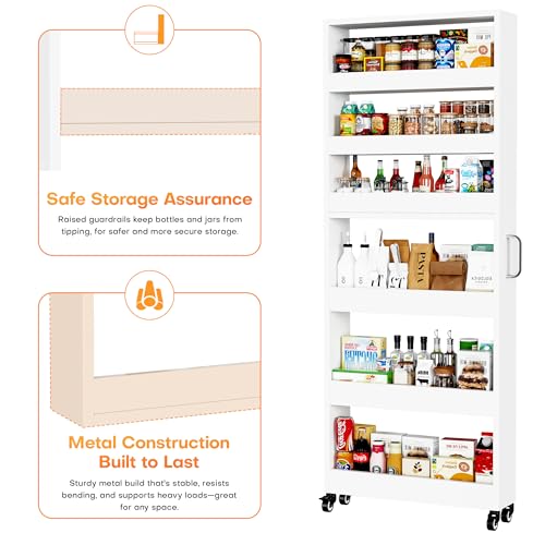 Slim Storage Cart, Lightweight 6 Tier Metal Rolling Utility Kitchen Cart on Wheels, Mobile Storage Shelving Unit Organizer for Bathroom Laundry Office Narrow Places (White, 6" D)