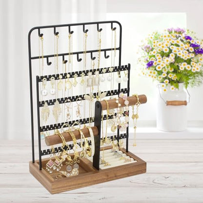 Jewelry Holder Organizer Stand 4-Tier Necklace Stand Earring Holder with Wooden Tray, Jewelry Rack for Bracelets Watches and Rings Display Stand, Gifts for Women & Girls-Black